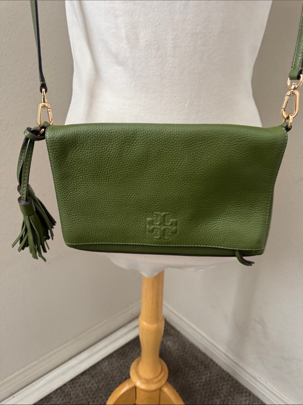 Tory Burch Thea Foldover Olive Green Pebble Leather Tassel Crossbody Clutch Bag